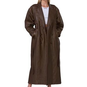 AFRM Brown Long Double-Breasted Leather Trench Coat